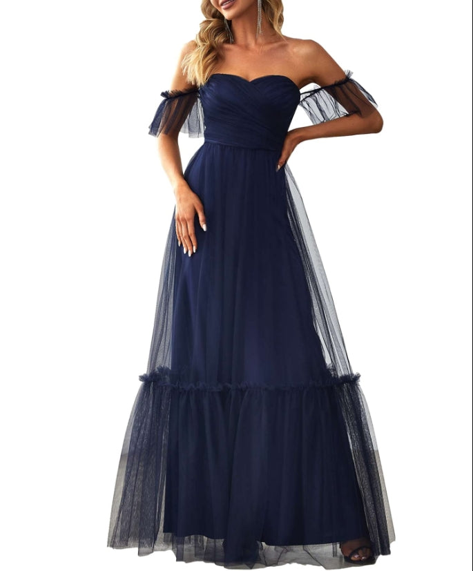 Navy Blue Women's Formal Dress Sweetheart Off-Shoulder Ruched Tulle Maxi Prom Dresses